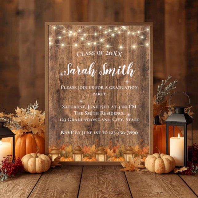 Rustic Fall Graduation Party Invitation (Rustic fall graduation invite with pumpkins, lanterns, string lights & cozy autumn charm.)
