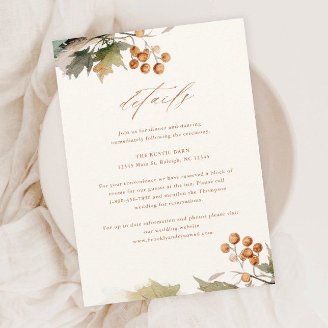 Rustic Fall Greenery Leaves Foliage Wedding Detail Enclosure Card (A Rustic Wedding Details Enclosure Card with Elegant Watercolor Autumn Greenery Leaves and Foliage.)