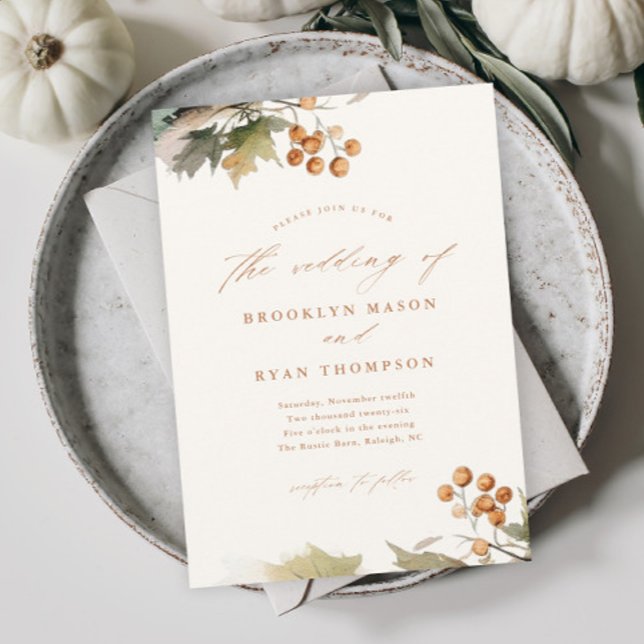 Rustic Fall Greenery Leaves Foliage Wedding Invitation (An elegant and rustic fall wedding invitation with watercolor greenery leaves and foliage.)