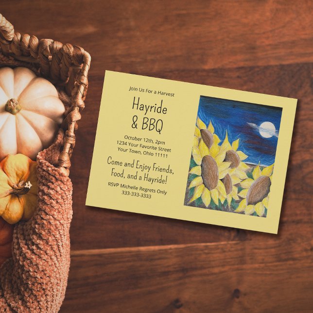 Rustic Fall Hayride Barbecue Sunflowers Folk Art Invitation (Creator Uploaded)
