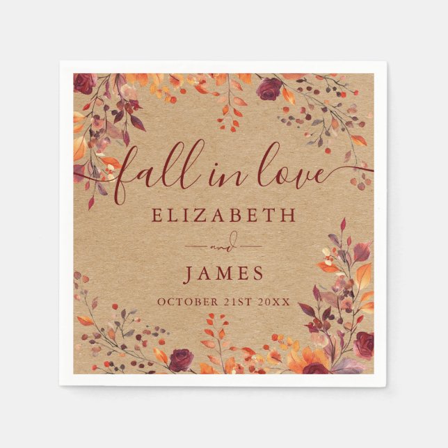 Rustic Fall In Love Autumn Fall Floral Wedding Napkin (Front)