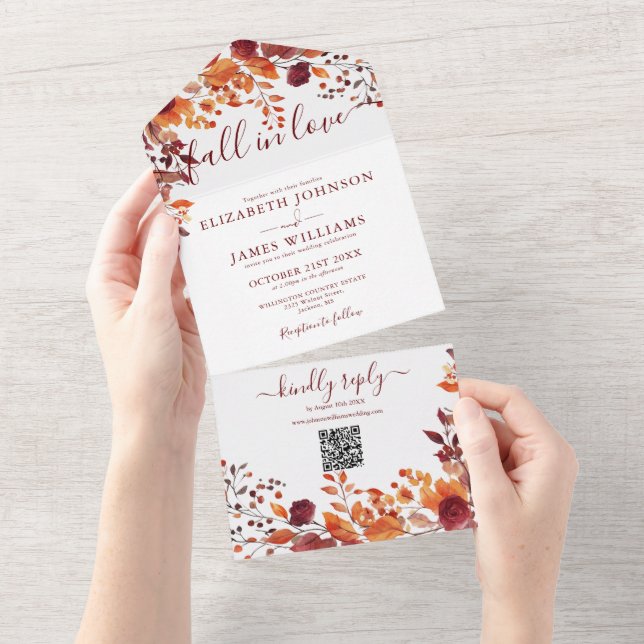 Rustic Fall In Love Autumn Floral QR Code Wedding All In One Invitation (Tearaway)