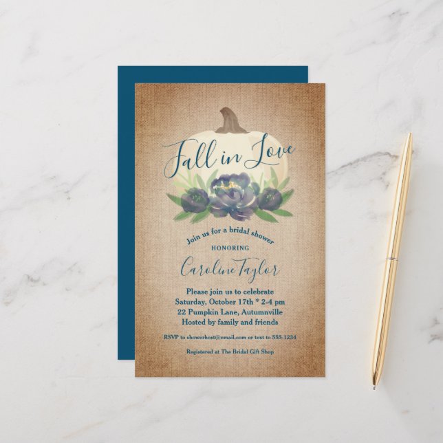 Rustic Fall in Love Blue Floral Bridal Shower (Front/Back In Situ)