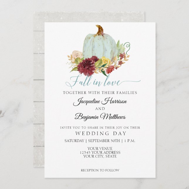 Rustic Fall in Love Blue Pumpkin Burgundy Floral Invitation (Front/Back)