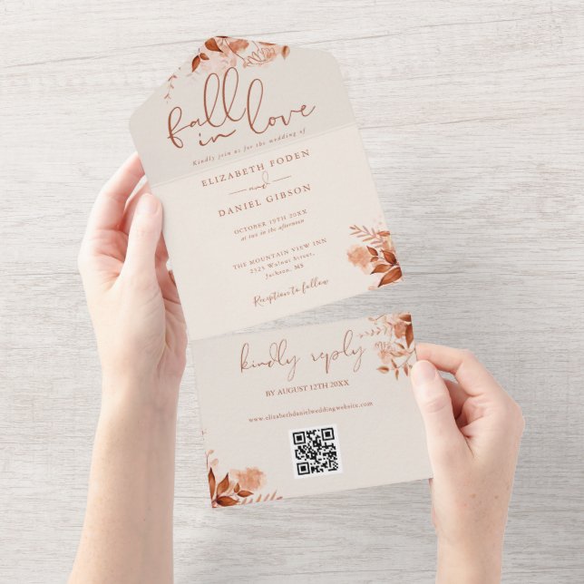 Rustic Fall In Love Floral QR Code Wedding All In One Invitation (Tearaway)
