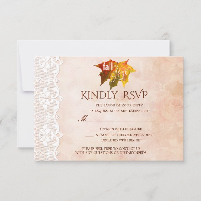 Rustic Fall in Love Lace Wedding RSVP Card (Front)
