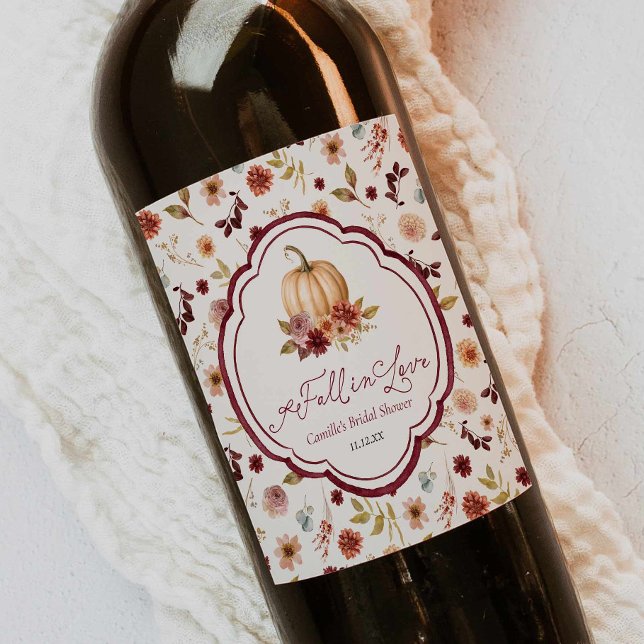 Rustic Fall in Love Wine Bottle Label (Fall in love Autumn bridal shower wine label)