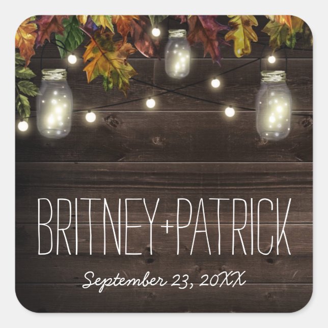 Rustic Fall Leaf Firefly Mason Jar Wedding Favours Square Sticker (Front)