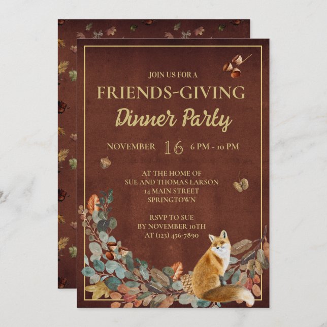 Rustic Fall Leaves and Fox FriendsGiving Dinner Invitation (Front/Back)