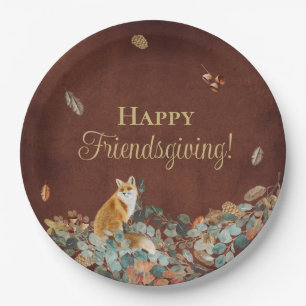 Rustic Fall Leaves and Fox Friendsgiving Paper Plate
