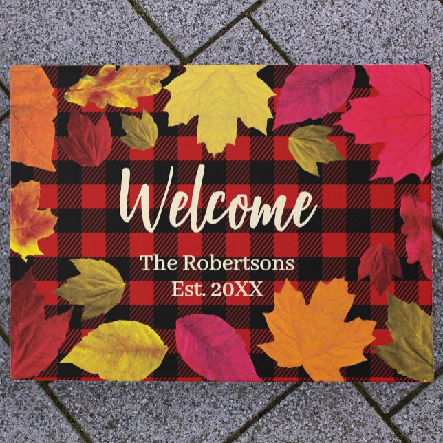 Rustic Fall Leaves and Plaid Custom Name Welcome Doormat (Creator Uploaded)