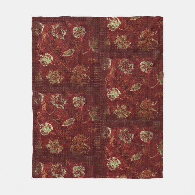 Rustic Fall Leaves and Tartan Burgundy Green Gold Fleece Blanket (Front)