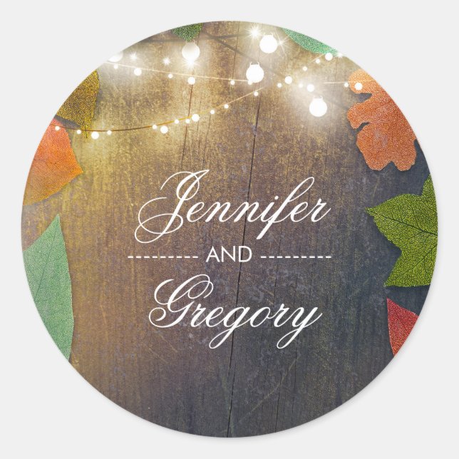 Rustic Fall Leaves and Wood Wedding Classic Round Sticker (Front)