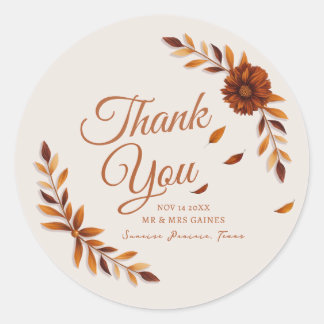 Rustic Fall Leaves Beige Wedding Thank You Classic Round Sticker