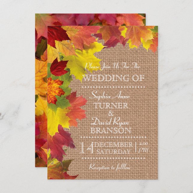 Rustic Fall Leaves Burlap Wedding Invitation (Front/Back)