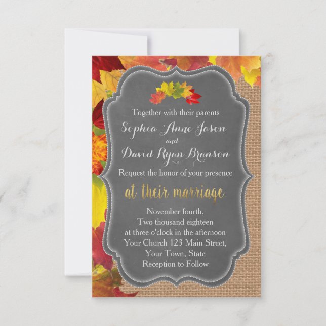 Rustic Fall Leaves Burlap Wedding Invitation (Front)