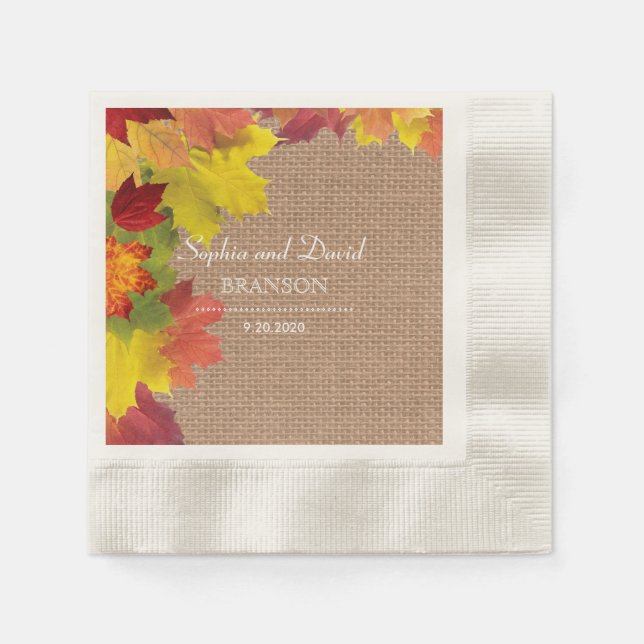 Rustic Fall Leaves Burlap Wedding Napkin (Front)
