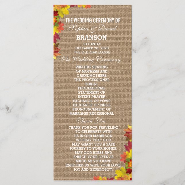 Rustic Fall Leaves Burlap Wedding Program Custom Programme (Front)