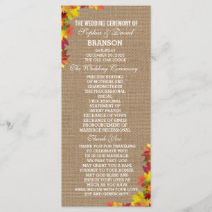 Rustic Fall Leaves Burlap Wedding Program Custom Programme