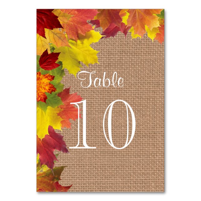 Rustic Fall Leaves Burlap Wedding Table Number (Front)