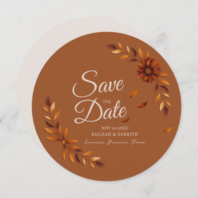 Rustic Fall Leaves Burnt Sienna Beige Wedding Save The Date (Front/Back)