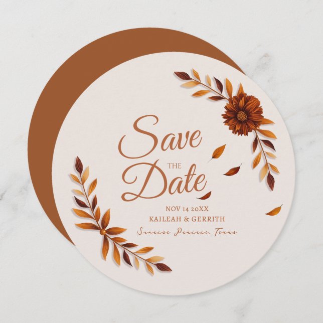 Rustic Fall Leaves Burnt Sienna Beige Wedding Save The Date (Front/Back)