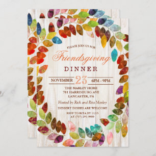 Rustic Fall Leaves Friendsgiving Dinner Invitation