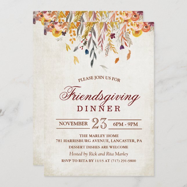 Rustic Fall Leaves Friendsgiving Dinner Invitation (Front/Back)