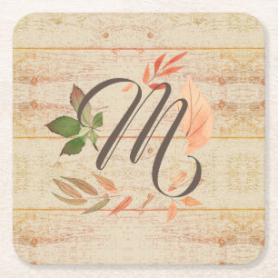 Rustic Fall Leaves Monogram Square Paper Coaster