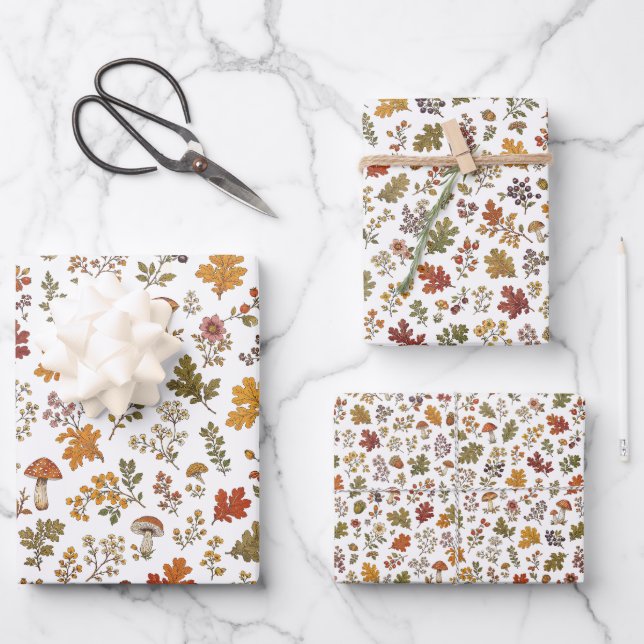 Rustic Fall Leaves Mushroom Woodland Pattern Wrapping Paper Sheet (Front)