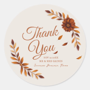 Rustic Fall Leaves Off White Wedding Thank You Classic Round Sticker