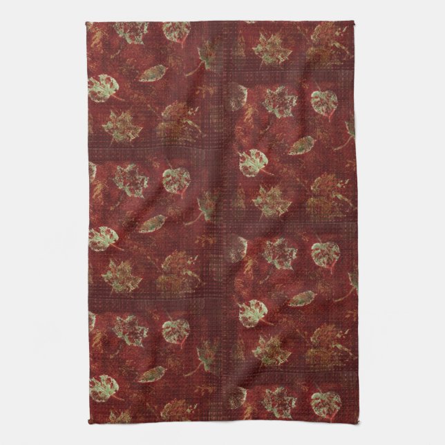 Rustic Fall Leaves Primitive Gingham Tile Burgundy Tea Towel (Vertical)