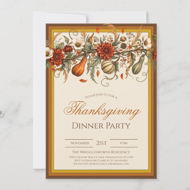 Rustic Fall Leaves Pumpkin Thanksgiving Dinner  Invitation (Front)