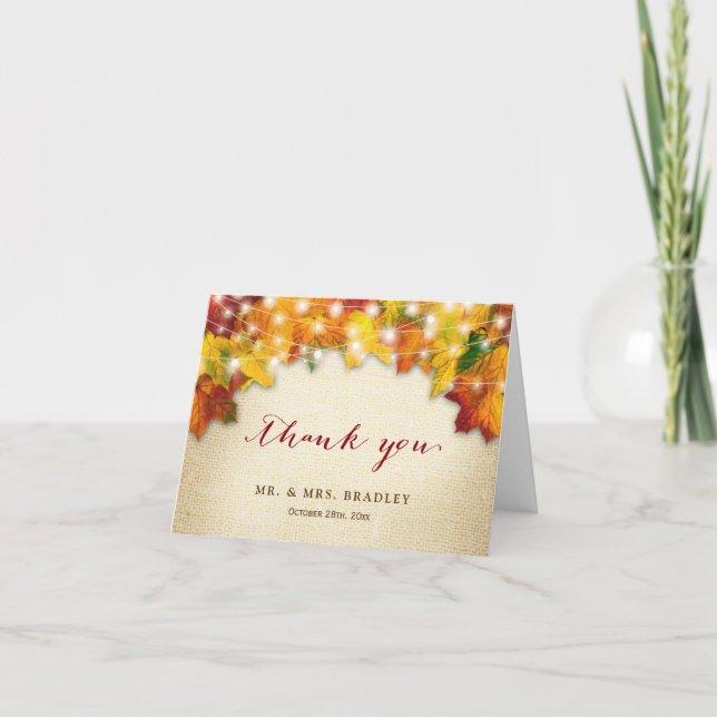 Rustic Fall Leaves String Lights Burlap Thank You Card (Front)