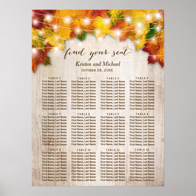 Rustic Fall Leaves String Lights Seating Chart (Front)