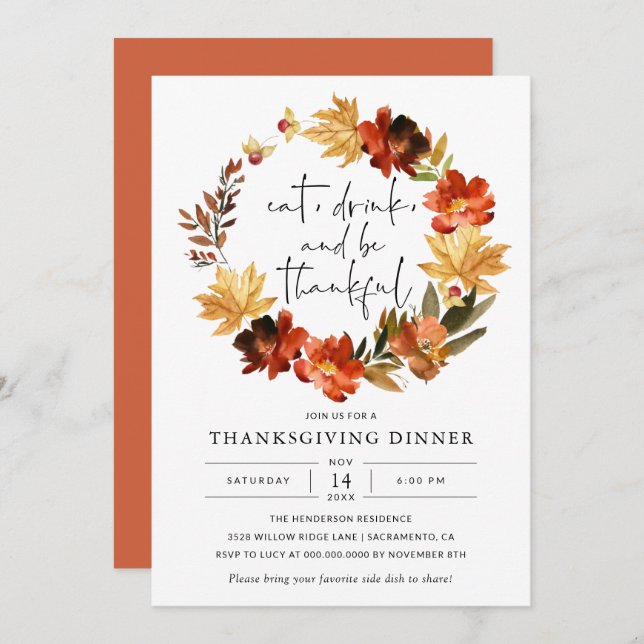 Rustic Fall Leaves Thanksgiving Dinner Invitation (Front/Back)