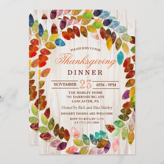 Rustic Fall Leaves Thanksgiving Dinner Invitation (Front/Back)