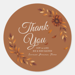 Rustic Fall Leaves Toffee Brown Wedding Thank You  Classic Round Sticker