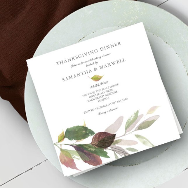 Rustic Fall Leaves Watercolor Thanksgiving Dinner Invitation (Thanksgiving dinner invitation autumn leaves)