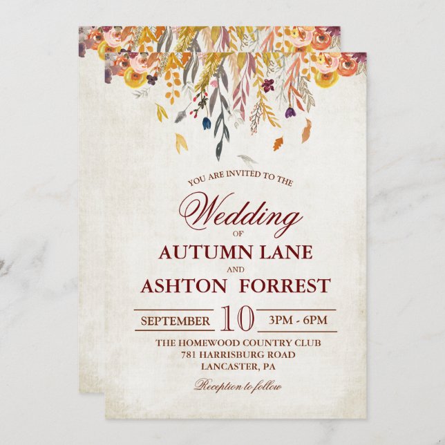 Rustic Fall Leaves Wedding Invitation (Front/Back)