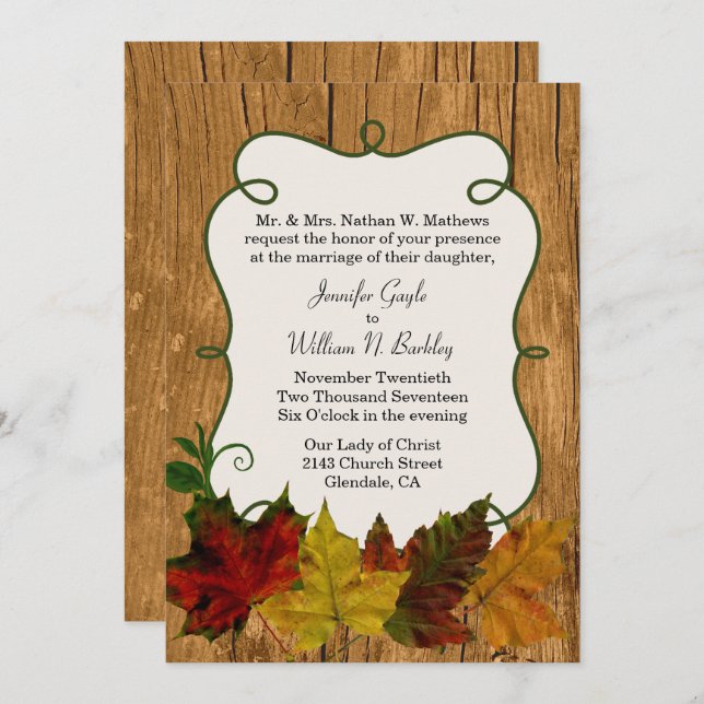 Rustic Fall Leaves Wedding Invitation (Front/Back)