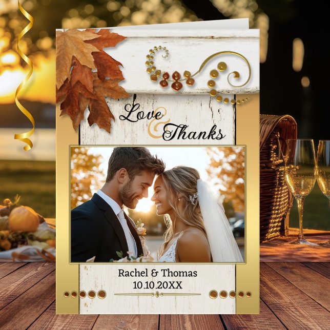 Rustic Fall Leaves Wedding Photo Thank You Card (Rustic wedding Thank You photo note card featuring colorful leaves on rustic wood with gold)