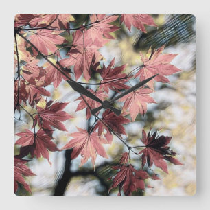 Rustic fall maple leaves rusty red pink brown square wall clock