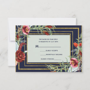 Rustic Fall Marsala Floral Navy Blue Gold RSVP Card