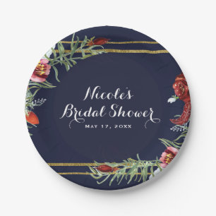 Rustic Fall Marsala Floral Navy Blue Gold Wedding Paper Plate