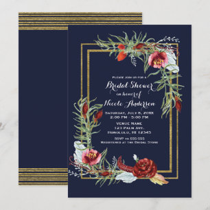 Rustic Fall Marsala Floral Navy Gold Bridal Shower Invitation