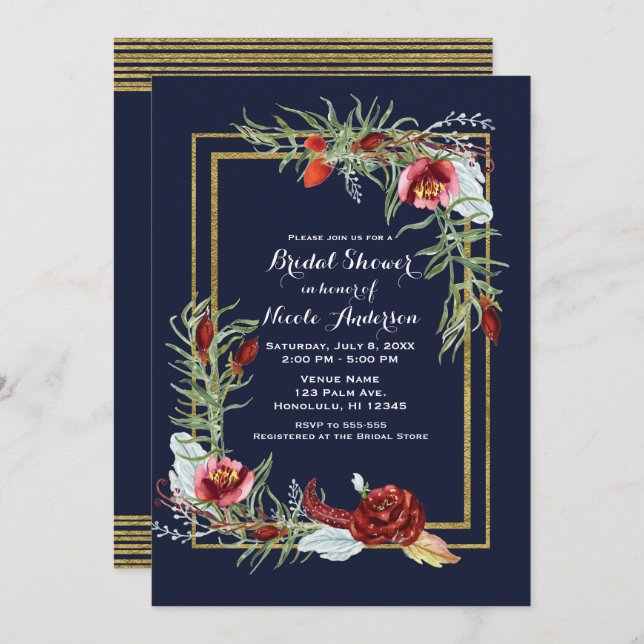Rustic Fall Marsala Floral Navy Gold Bridal Shower Invitation (Front/Back)