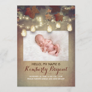 Rustic Fall Mason Jar Lights Baby Photo Birth Announcement