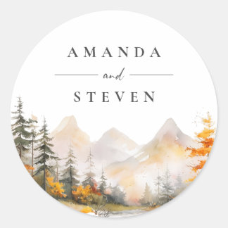 Rustic Fall Mountain Pine Forest Wedding Classic Round Sticker