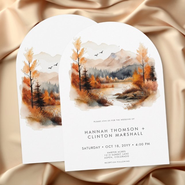 Rustic Fall Mountain Scene Watercolor Arch Wedding Invitation (Rustic Fall Mountain Scene Watercolor Arch Wedding Invitation)